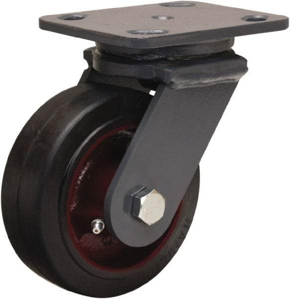 Hamilton - 5" Diam x 2" Wide x 6-1/2" OAH Top Plate Mount Swivel Caster - Rubber Mold on Cast Iron, 350 Lb Capacity, Straight Roller Bearing, 4 x 5" Plate - Americas Industrial Supply