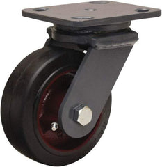 Hamilton - 5" Diam x 2" Wide x 6-1/2" OAH Top Plate Mount Swivel Caster - Rubber Mold on Cast Iron, 350 Lb Capacity, Straight Roller Bearing, 4 x 5" Plate - Americas Industrial Supply