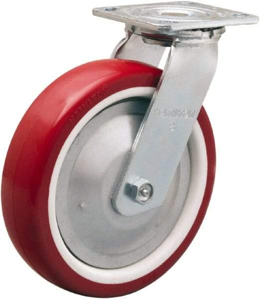 Hamilton - 8" Diam x 2" Wide x 9-1/2" OAH Top Plate Mount Swivel Caster - Polyurethane Mold on Polypropylene, 900 Lb Capacity, Straight Roller Bearing, 4 x 4-1/2" Plate - Americas Industrial Supply