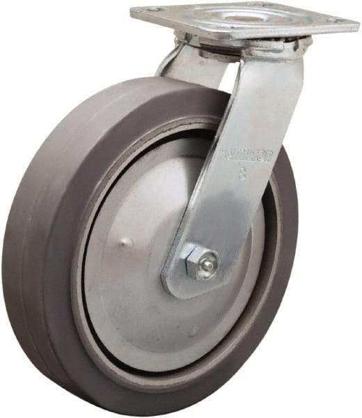 Hamilton - 8" Diam x 2" Wide x 9-1/2" OAH Top Plate Mount Swivel Caster - Rubber Mold on Aluminum, 500 Lb Capacity, Straight Roller Bearing, 4 x 4-1/2" Plate - Americas Industrial Supply