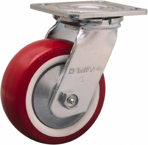 Hamilton - 5" Diam x 2" Wide x 6-1/2" OAH Top Plate Mount Swivel Caster - Polyurethane Mold on Polypropylene, 900 Lb Capacity, Straight Roller Bearing, 4 x 4-1/2" Plate - Americas Industrial Supply