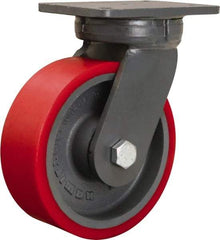 Hamilton - 8" Diam x 3" Wide x 10-1/2" OAH Top Plate Mount Swivel Caster - Polyurethane Mold on Forged Steel, 4,200 Lb Capacity, Tapered Roller Bearing, 5-1/4 x 7-1/4" Plate - Americas Industrial Supply