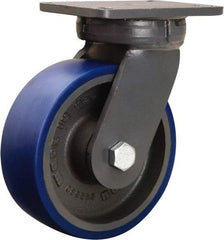 Hamilton - 8" Diam x 3" Wide x 10-1/2" OAH Top Plate Mount Swivel Caster - Polyurethane Mold onto Cast Iron Center, 2,000 Lb Capacity, Precision Tapered Roller Bearing, 5-1/4 x 7-1/4" Plate - Americas Industrial Supply