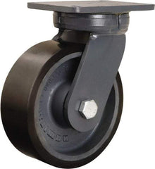 Hamilton - 8" Diam x 3" Wide x 10-1/2" OAH Top Plate Mount Swivel Caster - Polyurethane Mold onto Cast Iron Center, 3,250 Lb Capacity, Tapered Roller Bearing, 5-1/4 x 7-1/4" Plate - Americas Industrial Supply