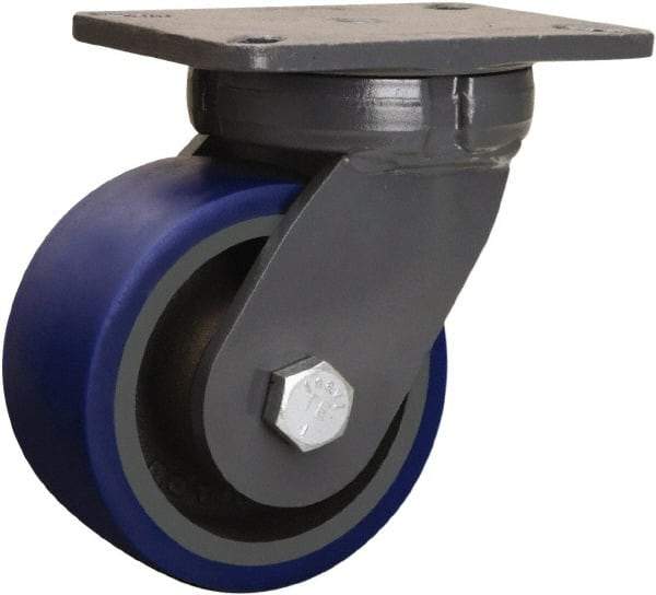 Hamilton - 6" Diam x 3" Wide x 8" OAH Top Plate Mount Swivel Caster - Polyurethane Mold onto Cast Iron Center, 1,800 Lb Capacity, Sealed Precision Ball Bearing, 5-1/4 x 7-1/4" Plate - Americas Industrial Supply