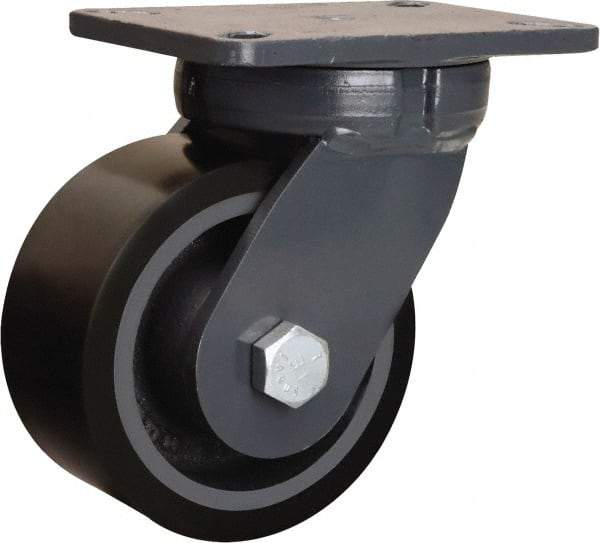 Hamilton - 6" Diam x 3" Wide x 8" OAH Top Plate Mount Swivel Caster - Polyurethane Mold onto Cast Iron Center, 2,860 Lb Capacity, Tapered Roller Bearing, 5-1/4 x 7-1/4" Plate - Americas Industrial Supply