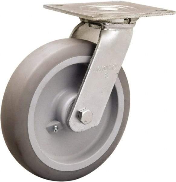 Hamilton - 8" Diam x 2" Wide x 9-1/2" OAH Top Plate Mount Swivel Caster - Rubber Mold on Polyolefin, 500 Lb Capacity, Straight Roller Bearing, 5 x 5-1/2" Plate - Americas Industrial Supply