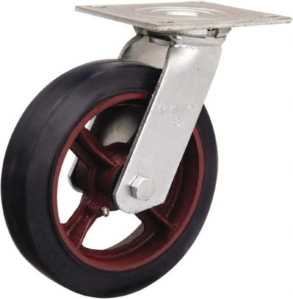 Hamilton - 8" Diam x 2" Wide x 9-1/2" OAH Top Plate Mount Swivel Caster - Rubber Mold on Cast Iron, 500 Lb Capacity, Straight Roller Bearing, 5 x 5-1/2" Plate - Americas Industrial Supply