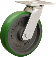 Hamilton - 8" Diam x 2" Wide x 9-1/2" OAH Top Plate Mount Swivel Caster - Polyurethane Mold onto Cast Iron Center, 900 Lb Capacity, Sealed Precision Ball Bearing, 5 x 5-1/2" Plate - Americas Industrial Supply