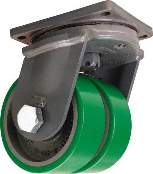 Hamilton - 8" Diam x 3" Wide x 11" OAH Top Plate Mount Dual Swivel Caster - Polyurethane Mold onto Cast Iron Center, 5,000 Lb Capacity, Tapered Roller Bearing, 8-1/2 x 8-1/2" Plate - Americas Industrial Supply