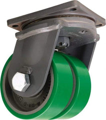 Hamilton - 8" Diam x 3" Wide x 11" OAH Top Plate Mount Dual Swivel Caster - Polyurethane Mold onto Cast Iron Center, 5,000 Lb Capacity, Tapered Roller Bearing, 8-1/2 x 8-1/2" Plate - Americas Industrial Supply