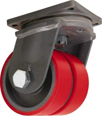 Hamilton - 8" Diam x 3" Wide x 11" OAH Top Plate Mount Dual Swivel Caster - Polyurethane Mold on Forged Steel, 6,000 Lb Capacity, Tapered Roller Bearing, 8-1/2 x 8-1/2" Plate - Americas Industrial Supply