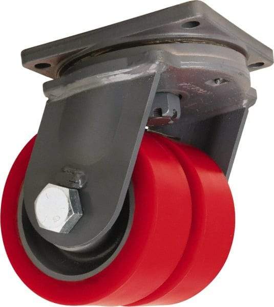Hamilton - 8" Diam x 3" Wide x 11" OAH Top Plate Mount Dual Swivel Caster - Polyurethane Mold on Forged Steel, 8,400 Lb Capacity, Tapered Roller Bearing, 8-1/2 x 8-1/2" Plate - Americas Industrial Supply