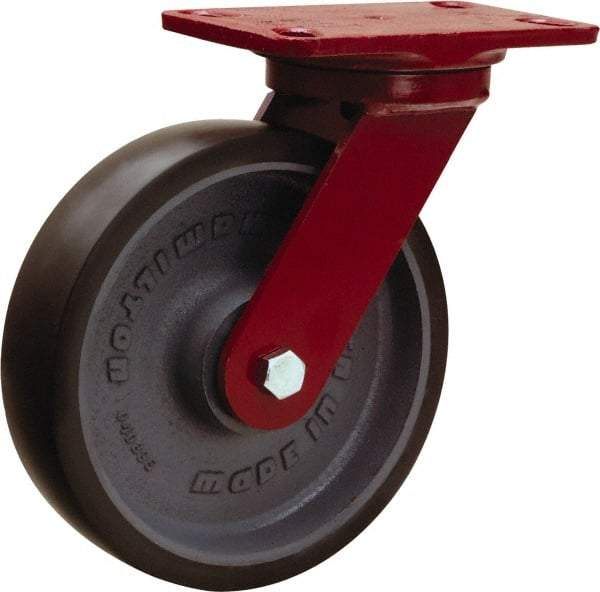 Hamilton - 8" Diam x 2" Wide x 9-3/4" OAH Top Plate Mount Swivel Caster - Polyurethane Mold onto Cast Iron Center, 1,950 Lb Capacity, Tapered Roller Bearing, 4-1/2 x 6-1/2" Plate - Americas Industrial Supply