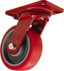 Hamilton - 6" Diam x 2" Wide x 7-3/4" OAH Top Plate Mount Swivel Caster - Polyurethane Mold on Forged Steel, 1,400 Lb Capacity, Tapered Roller Bearing, 4-1/2 x 6-1/2" Plate - Americas Industrial Supply