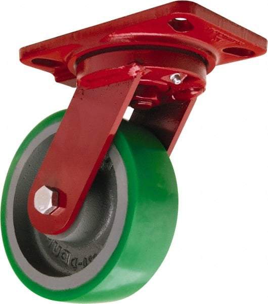 Hamilton - 6" Diam x 2" Wide x 7-3/4" OAH Top Plate Mount Swivel Caster - Polyurethane Mold onto Cast Iron Center, 1,200 Lb Capacity, Tapered Roller Bearing, 4-1/2 x 6-1/2" Plate - Americas Industrial Supply