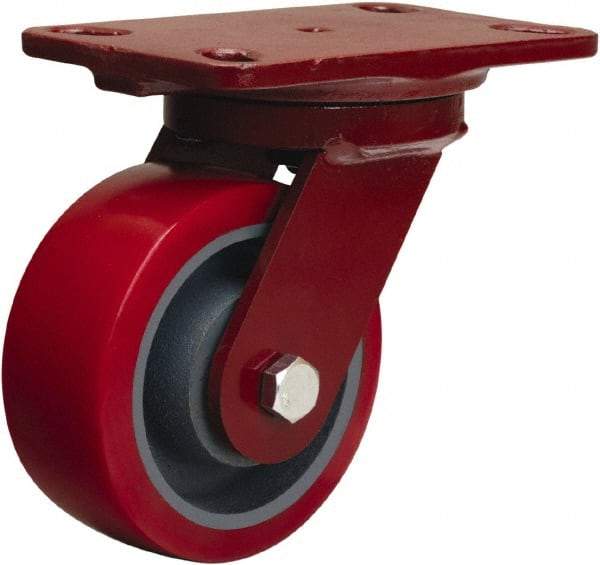 Hamilton - 5" Diam x 2" Wide x 6-3/4" OAH Top Plate Mount Swivel Caster - Polyurethane Mold on Forged Steel, 1,250 Lb Capacity, Sealed Precision Ball Bearing, 4-1/2 x 6-1/2" Plate - Americas Industrial Supply