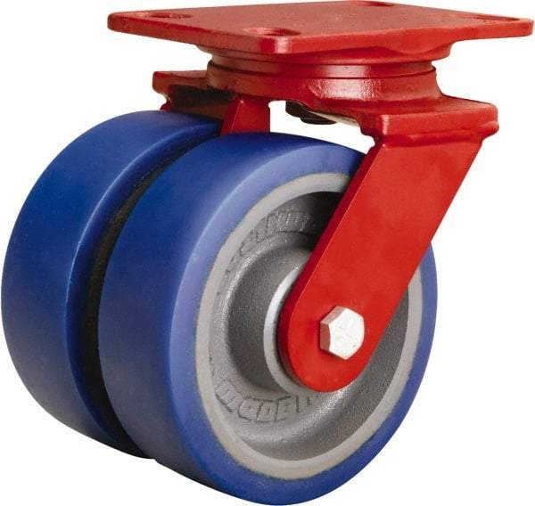 Hamilton - 6" Diam x 2" Wide x 7-3/4" OAH Top Plate Mount Swivel Caster - Polyurethane Mold onto Cast Iron Center, 1,920 Lb Capacity, Tapered Roller Bearing, 4-1/2 x 6-1/2" Plate - Americas Industrial Supply