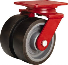 Hamilton - 6" Diam x 2" Wide x 7-3/4" OAH Top Plate Mount Swivel Caster - Polyurethane Mold onto Cast Iron Center, 2,500 Lb Capacity, Tapered Roller Bearing, 4-1/2 x 6-1/2" Plate - Americas Industrial Supply