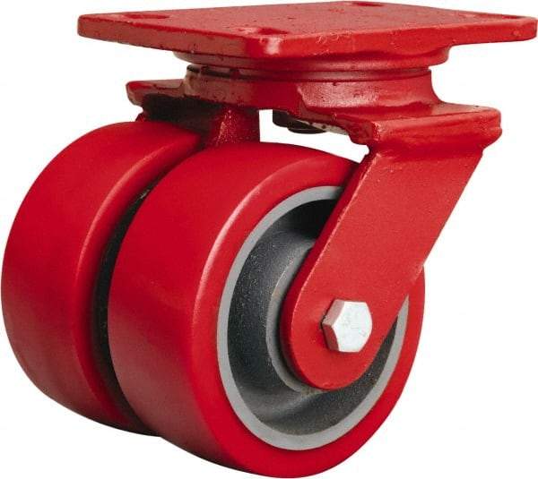 Hamilton - 4" Diam x 2" Wide x 5-5/8" OAH Top Plate Mount Dual Swivel Caster - Polyurethane Mold onto Cast Iron Center, 1,800 Lb Capacity, Sealed Precision Ball Bearing, 4-1/2 x 6-1/2" Plate - Americas Industrial Supply