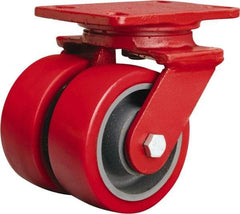 Hamilton - 4" Diam x 2" Wide x 5-5/8" OAH Top Plate Mount Dual Swivel Caster - Polyurethane Mold onto Cast Iron Center, 1,800 Lb Capacity, Sealed Precision Ball Bearing, 4-1/2 x 6-1/2" Plate - Americas Industrial Supply