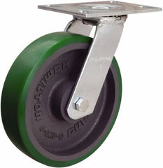 Hamilton - 8" Diam x 2" Wide x 9-1/2" OAH Top Plate Mount Swivel Caster - Polyurethane Mold onto Cast Iron Center, 900 Lb Capacity, Sealed Precision Ball Bearing, 4-1/2 x 6-1/4" Plate - Americas Industrial Supply