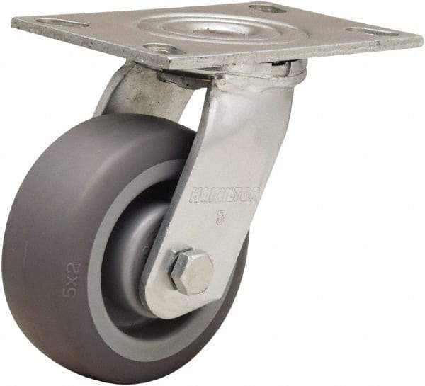 Hamilton - 5" Diam x 2" Wide x 6-1/2" OAH Top Plate Mount Swivel Caster - Rubber Mold on Polyolefin, 350 Lb Capacity, Straight Roller Bearing, 4-1/2 x 6-1/4" Plate - Americas Industrial Supply