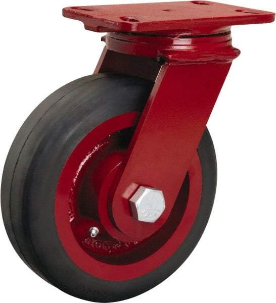 Hamilton - 8" Diam x 2-1/2" Wide x 10-1/8" OAH Top Plate Mount Swivel Caster - Rubber Mold on Cast Iron, 670 Lb Capacity, Tapered Roller Bearing, 4-1/2 x 6-1/2" Plate - Americas Industrial Supply