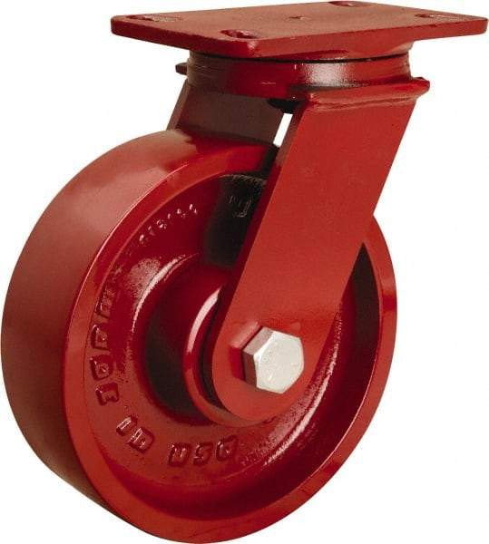 Hamilton - 8" Diam x 2-1/2" Wide x 10-1/4" OAH Top Plate Mount Swivel Caster - Cast Iron, 2,200 Lb Capacity, Tapered Roller Bearing, 4-1/2 x 6-1/2" Plate - Americas Industrial Supply