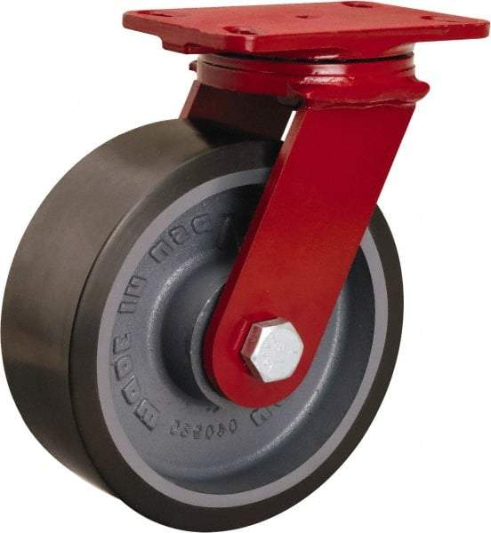Hamilton - 8" Diam x 3" Wide x 10-1/4" OAH Top Plate Mount Swivel Caster - Polyurethane Mold onto Cast Iron Center, 2,200 Lb Capacity, Tapered Roller Bearing, 4-1/2 x 6-1/2" Plate - Americas Industrial Supply