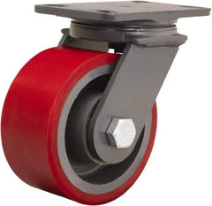 Hamilton - 6" Diam x 3" Wide x 7-3/4" OAH Top Plate Mount Swivel Caster - Polyurethane Mold onto Cast Iron Center, 2,400 Lb Capacity, Tapered Roller Bearing, 4-1/2 x 6-1/2" Plate - Americas Industrial Supply