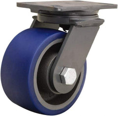 Hamilton - 6" Diam x 3" Wide x 7-3/4" OAH Top Plate Mount Swivel Caster - Polyurethane Mold onto Cast Iron Center, 1,800 Lb Capacity, Tapered Roller Bearing, 4-1/2 x 6-1/2" Plate - Americas Industrial Supply