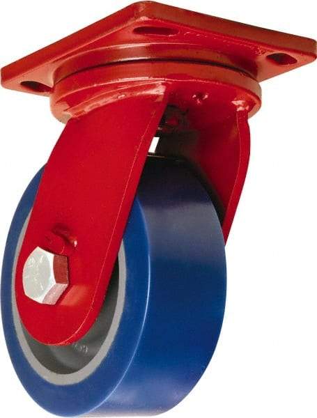 Hamilton - 8" Diam x 3" Wide x 10-1/2" OAH Top Plate Mount Swivel Caster - Polyurethane Mold on Forged Steel, 3,500 Lb Capacity, Tapered Roller Bearing, 6-1/2 x 7-1/2" Plate - Americas Industrial Supply