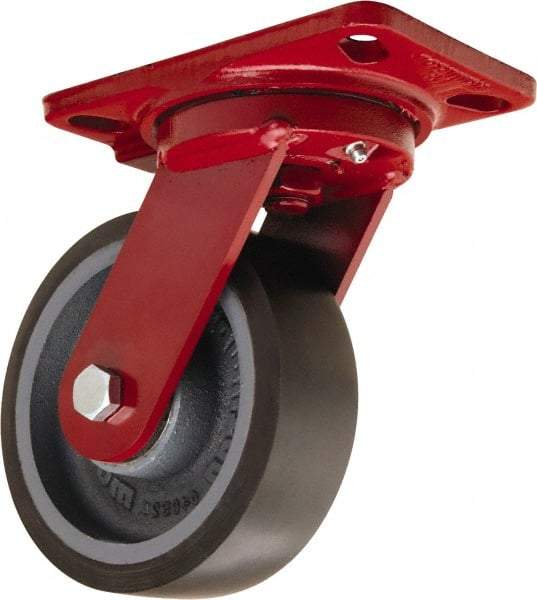 Hamilton - 6" Diam x 2" Wide x 7-3/4" OAH Top Plate Mount Swivel Caster - Polyurethane Mold onto Cast Iron Center, 1,560 Lb Capacity, Tapered Roller Bearing, 4-1/2 x 6-1/2" Plate - Americas Industrial Supply