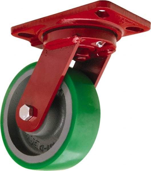 Hamilton - 6" Diam x 2" Wide x 7-3/4" OAH Top Plate Mount Swivel Caster - Polyurethane Mold onto Cast Iron Center, 1,200 Lb Capacity, Sealed Precision Ball Bearing, 4-1/2 x 6-1/2" Plate - Americas Industrial Supply
