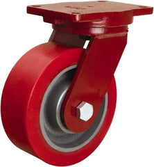 Hamilton - 8" Diam x 3" Wide x 10-1/2" OAH Top Plate Mount Swivel Caster - Polyurethane Mold on Forged Steel, 3,000 Lb Capacity, Sealed Precision Ball Bearing, 6-1/8 x 7-1/2" Plate - Americas Industrial Supply