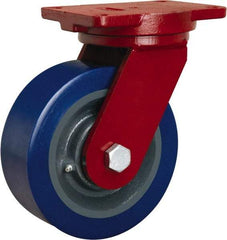 Hamilton - 8" Diam x 3" Wide x 10-1/2" OAH Top Plate Mount Swivel Caster - Polyurethane Mold on Forged Steel, 3,500 Lb Capacity, Tapered Roller Bearing, 6-1/8 x 7-1/2" Plate - Americas Industrial Supply