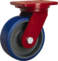 Hamilton - 8" Diam x 3" Wide x 10-1/2" OAH Top Plate Mount Swivel Caster - Polyurethane Mold onto Cast Iron Center, 2,000 Lb Capacity, Sealed Precision Ball Bearing, 6-1/8 x 7-1/2" Plate - Americas Industrial Supply