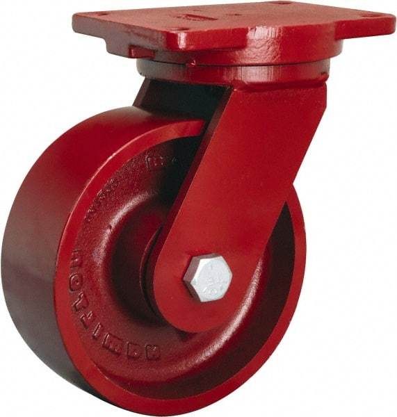 Hamilton - 8" Diam x 3" Wide x 10-1/2" OAH Top Plate Mount Swivel Caster - Cast Iron, 2,600 Lb Capacity, Sealed Precision Ball Bearing, 6-1/8 x 7-1/2" Plate - Americas Industrial Supply