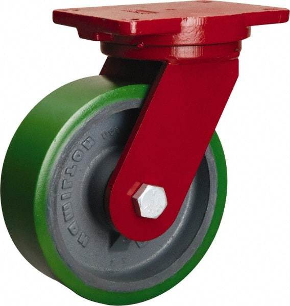 Hamilton - 8" Diam x 3" Wide x 10-1/2" OAH Top Plate Mount Swivel Caster - Polyurethane Mold onto Cast Iron Center, 2,500 Lb Capacity, Tapered Roller Bearing, 6-1/8 x 7-1/2" Plate - Americas Industrial Supply