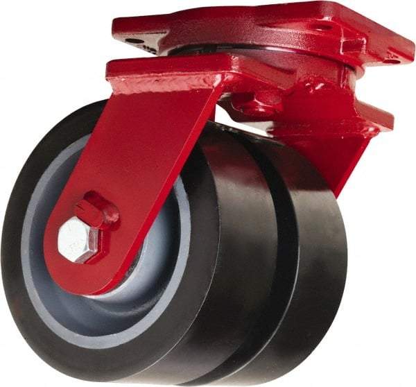 Hamilton - 8" Diam x 3" Wide x 10-1/2" OAH Top Plate Mount Dual Swivel Caster - Polyurethane Mold on Forged Steel, 7,000 Lb Capacity, Tapered Roller Bearing, 6-1/8 x 7-1/2" Plate - Americas Industrial Supply