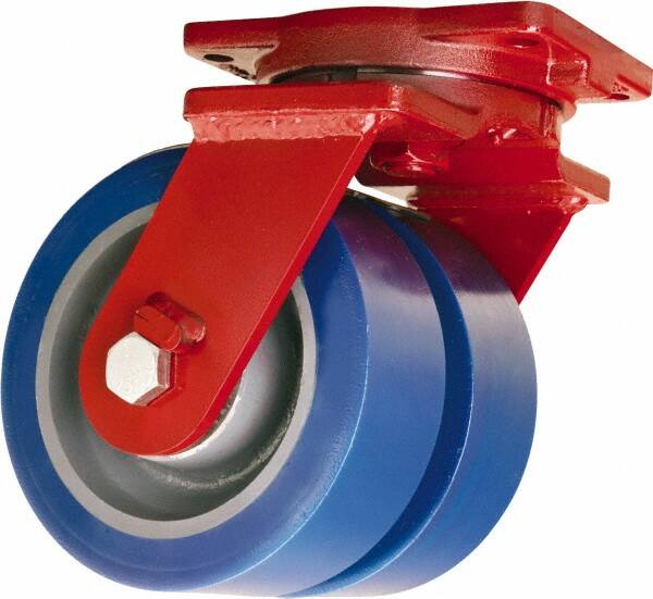 Hamilton - 8" Diam x 3" Wide x 10-1/2" OAH Top Plate Mount Dual Swivel Caster - Polyurethane Mold on Forged Steel, 7,000 Lb Capacity, Tapered Roller Bearing, 6-1/8 x 7-1/2" Plate - Americas Industrial Supply