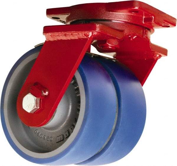Hamilton - 6" Diam x 3" Wide x 8-1/2" OAH Top Plate Mount Dual Swivel Caster - Polyurethane Mold onto Cast Iron Center, 3,600 Lb Capacity, Sealed Precision Ball Bearing, 6-1/8 x 7-1/2" Plate - Americas Industrial Supply