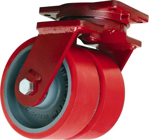 Hamilton - 10" Diam x 3" Wide x 12-1/2" OAH Top Plate Mount Dual Swivel Caster - Polyurethane Mold on Forged Steel, 7,000 Lb Capacity, Sealed Precision Ball Bearing, 6-1/8 x 7-1/2" Plate - Americas Industrial Supply