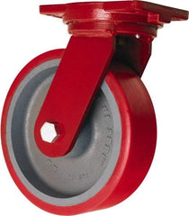 Hamilton - 10" Diam x 3" Wide x 12-1/2" OAH Top Plate Mount Swivel Caster - Polyurethane Mold on Forged Steel, 3,600 Lb Capacity, Tapered Roller Bearing, 6-1/8 x 7-1/2" Plate - Americas Industrial Supply