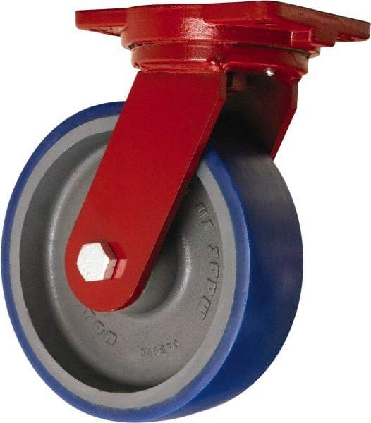Hamilton - 10" Diam x 3" Wide x 12-1/2" OAH Top Plate Mount Swivel Caster - Polyurethane Mold onto Cast Iron Center, 2,400 Lb Capacity, Precision Tapered Roller Bearing, 6-1/8 x 7-1/2" Plate - Americas Industrial Supply