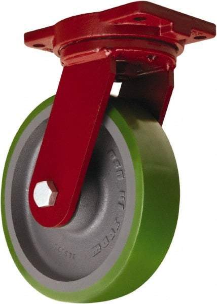 Hamilton - 10" Diam x 2-1/2" Wide x 12-1/2" OAH Top Plate Mount Swivel Caster - Polyurethane Mold onto Cast Iron Center, 2,500 Lb Capacity, Tapered Roller Bearing, 6-1/8 x 7-1/2" Plate - Americas Industrial Supply