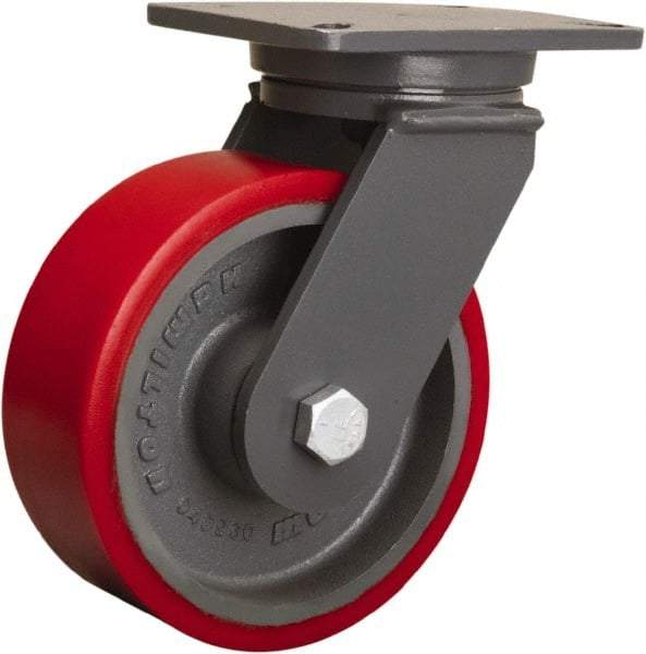 Hamilton - 8" Diam x 3" Wide x 10-1/2" OAH Top Plate Mount Swivel Caster - Polyurethane Mold onto Cast Iron Center, 4,000 Lb Capacity, Tapered Roller Bearing, 5-1/4 x 7-1/4" Plate - Americas Industrial Supply