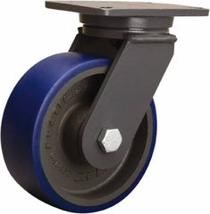 Hamilton - 8" Diam x 3" Wide x 10-1/2" OAH Top Plate Mount Swivel Caster - Polyurethane Mold onto Cast Iron Center, 2,000 Lb Capacity, Tapered Roller Bearing, 5-1/4 x 7-1/4" Plate - Americas Industrial Supply