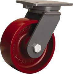 Hamilton - 8" Diam x 3" Wide x 10-1/2" OAH Top Plate Mount Swivel Caster - Cast Iron, 2,600 Lb Capacity, Tapered Roller Bearing, 5-1/4 x 7-1/4" Plate - Americas Industrial Supply